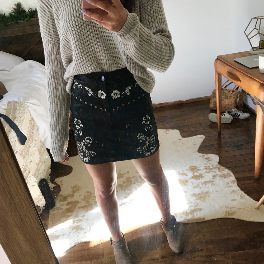 Black faux leather embroidered skirt